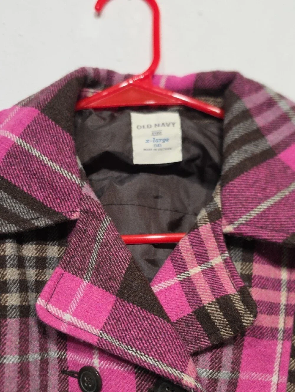 Y2k Old Navy Pink and Brown Plaid Double-Breasted Coat